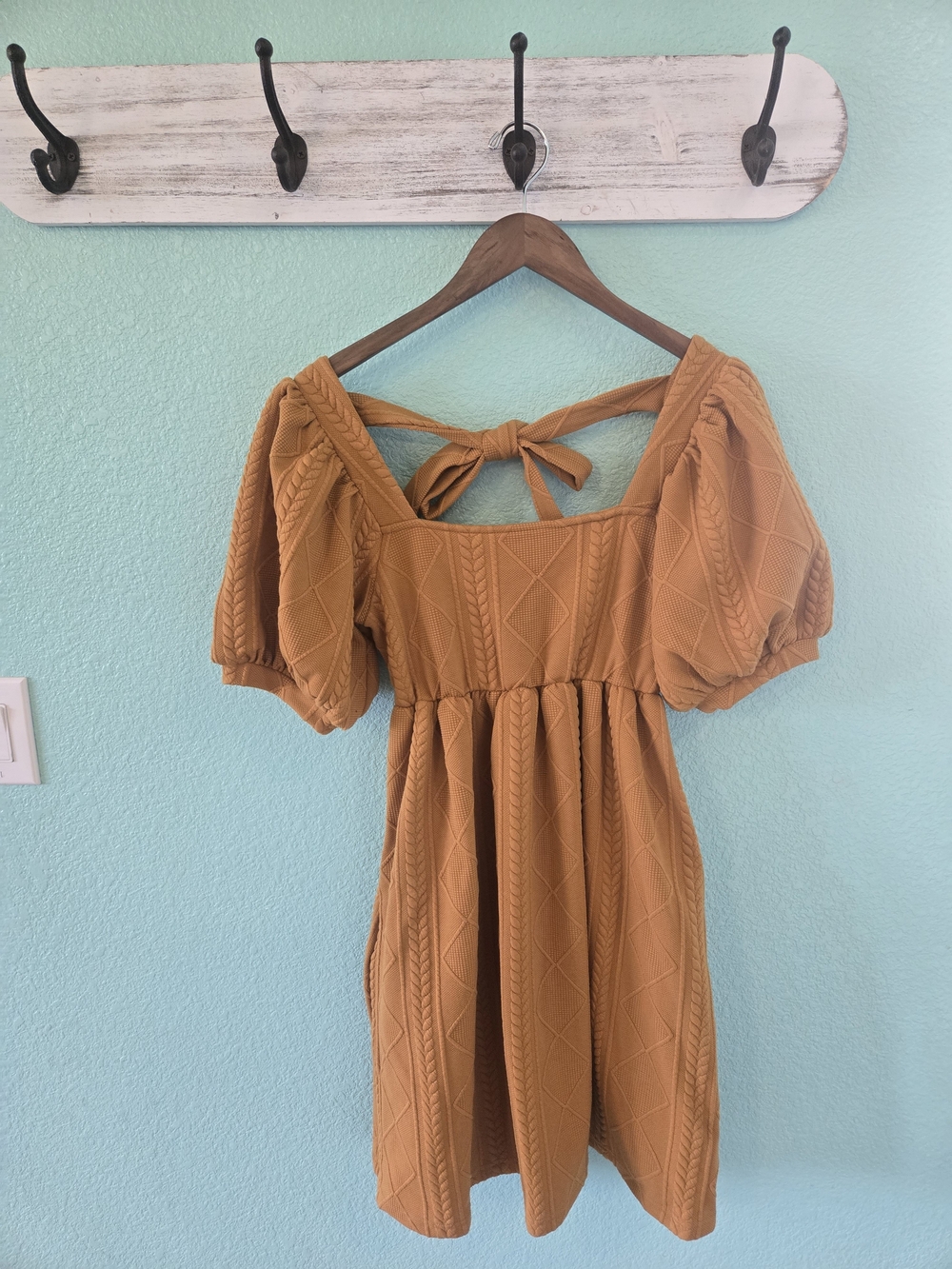 Listicle Puff-Sleeve Square-Neck Mini Dress in Mustard